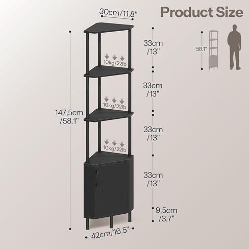 HOOBRO Corner Cabinet with LED Light, Corner Shelf Stand with Storage and Doors, 5-Tier Industrial Corner Bookshelf, 59" Tall Display Rack Shelf, for Living Room, Kitchen, Black BB147DCJ01 in Saudi Arabia
