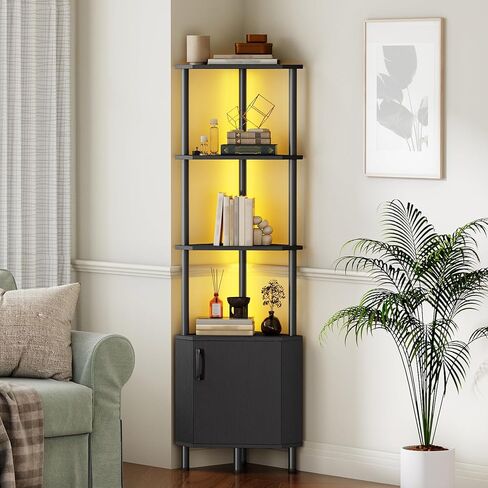 HOOBRO Corner Cabinet with LED Light, Corner Shelf Stand with Storage and Doors, 5-Tier Industrial Corner Bookshelf, 59" Tall Display Rack Shelf, for Living Room, Kitchen, Black BB147DCJ01 in Saudi Arabia