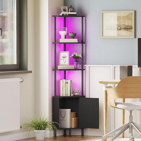HOOBRO Corner Cabinet with LED Light, Corner Shelf Stand with Storage and Doors, 5-Tier Industrial Corner Bookshelf, 59" Tall Display Rack Shelf, for Living Room, Kitchen, Black BB147DCJ01 in Saudi Arabia