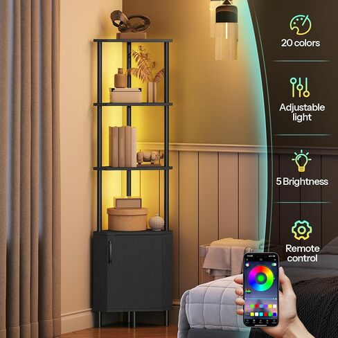 HOOBRO Corner Cabinet with LED Light, Corner Shelf Stand with Storage and Doors, 5-Tier Industrial Corner Bookshelf, 59" Tall Display Rack Shelf, for Living Room, Kitchen, Black BB147DCJ01 in Saudi Arabia