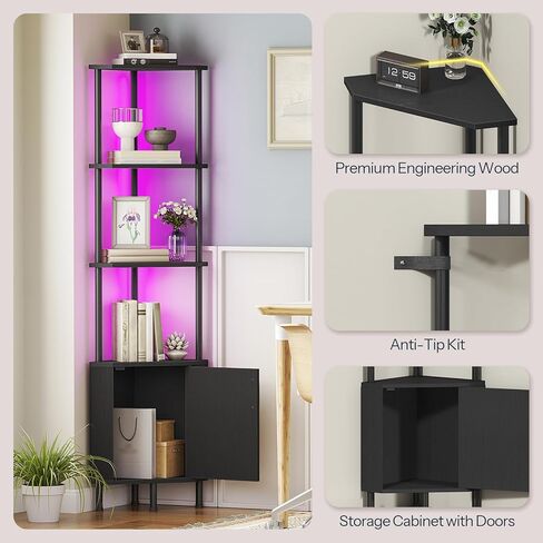 HOOBRO Corner Cabinet with LED Light, Corner Shelf Stand with Storage and Doors, 5-Tier Industrial Corner Bookshelf, 59" Tall Display Rack Shelf, for Living Room, Kitchen, Black BB147DCJ01 in Saudi Arabia