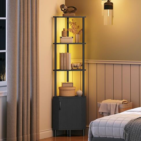 HOOBRO Corner Cabinet with LED Light, Corner Shelf Stand with Storage and Doors, 5-Tier Industrial Corner Bookshelf, 59" Tall Display Rack Shelf, for Living Room, Kitchen, Black BB147DCJ01 in Saudi Arabia