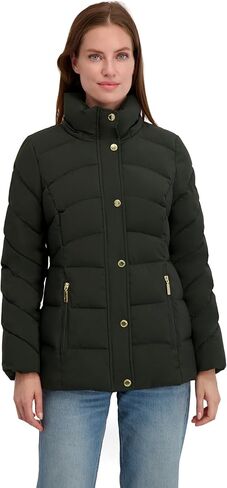 Laundry by Shelli Segal womens Stretch Quilted Puffer Jacket – Faux Fur Trim, Zip-off Hood, Soft-tech Fabric in Saudi Arabia