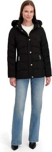 Laundry by Shelli Segal womens Stretch Quilted Puffer Jacket – Faux Fur Trim, Zip-off Hood, Soft-tech Fabric in Saudi Arabia