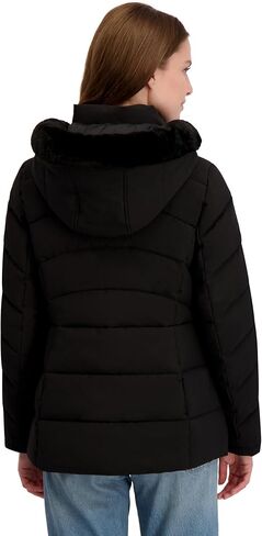 Laundry by Shelli Segal womens Stretch Quilted Puffer Jacket – Faux Fur Trim, Zip-off Hood, Soft-tech Fabric in Saudi Arabia