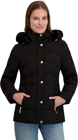 Laundry by Shelli Segal womens Stretch Quilted Puffer Jacket – Faux Fur Trim, Zip-off Hood, Soft-tech Fabric in Saudi Arabia
