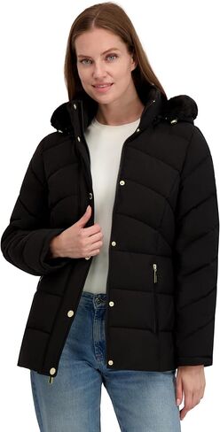 Laundry by Shelli Segal womens Stretch Quilted Puffer Jacket – Faux Fur Trim, Zip-off Hood, Soft-tech Fabric in Saudi Arabia