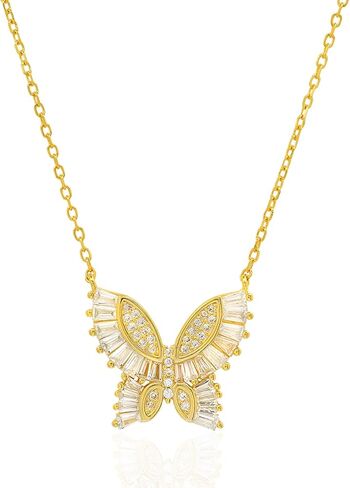 Queen Jewels 925 Sterling Silver Butterfly Necklace | Cubic Zirconia Butterfly Jewelry Simple Aesthetic Pendant for Women | 14k Yellow Gold Plated Dainty Layered Chain | Opal Butterfly Teen Girl Necklaces in Saudi Arabia