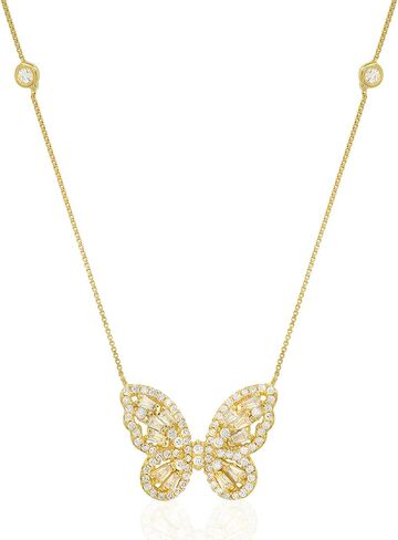 Queen Jewels 925 Sterling Silver Butterfly Necklace | Cubic Zirconia Butterfly Jewelry Simple Aesthetic Pendant for Women | 14k Yellow Gold Plated Dainty Layered Chain | Opal Butterfly Teen Girl Necklaces in Saudi Arabia