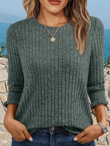 Womens 3/4 Sleeve Tops T Shirts Summer Sweater Round Neck Casual Top Ladies Business Casual Blouses in Saudi Arabia