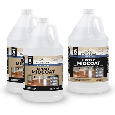 Stone Coat Flooring Epoxy Midcoat - Create Stunning Metallic Marble Floors | Odorless & User-Friendly | 75-85 Minutes Working Time | Compatible with All Epoxy Color Additives (1.5 Gallon Kit) in Saudi Arabia