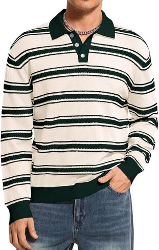 Mens Striped Long Sleeve Polo Sweater, Lightweight Color Block Rugby Shirt Knit Pullover, Fashion Casual Fall Outfits in Saudi Arabia