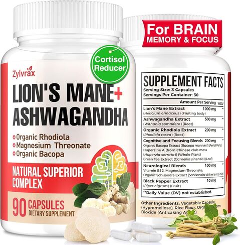 كبسولات مكملات Ashwagandha & Lions Mane، مكملات الدماغ للذاكرة والتركيز، Ashwagandha مع Rhodiola Rosea لدعم الإدراك والمناعة، مكملات الكورتيزول للنساء، 90 كبسولة in Kuwait