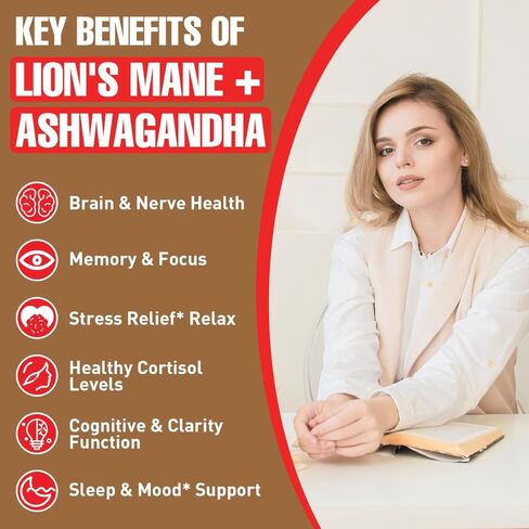 كبسولات مكملات Ashwagandha & Lions Mane، مكملات الدماغ للذاكرة والتركيز، Ashwagandha مع Rhodiola Rosea لدعم الإدراك والمناعة، مكملات الكورتيزول للنساء، 90 كبسولة in Kuwait