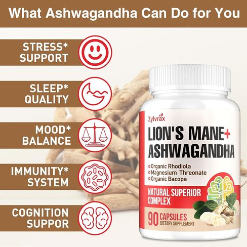 كبسولات مكملات Ashwagandha & Lions Mane، مكملات الدماغ للذاكرة والتركيز، Ashwagandha مع Rhodiola Rosea لدعم الإدراك والمناعة، مكملات الكورتيزول للنساء، 90 كبسولة in Kuwait