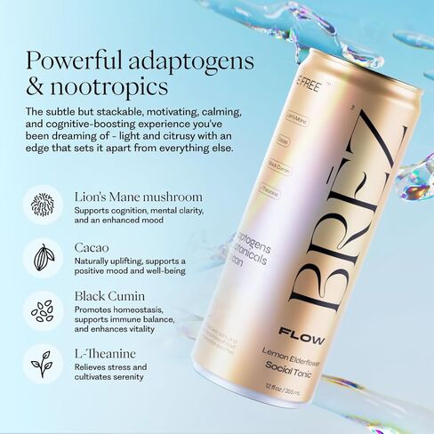 BRĒZ Mushroom Drink Variety Pack - Flow, Dream & Elevate - Lion’s Mane, Reishi, Cordyceps Mushrooms, Non-Infused, Adaptogen Tonics for Focus, Sleep, Mood & Energy, Vegan, 12 fl oz Cans (12 Pack) in Saudi Arabia
