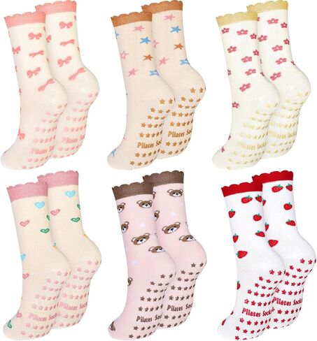 Ramede 6 Pairs Cute Pilates Socks with Grip Ruffle Non Slip Crew Sock for Women Yoga Barre Ballet Dance Workout Hospital Home in Saudi Arabia