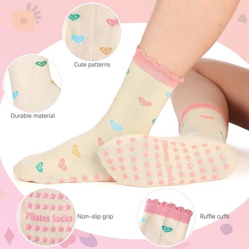Ramede 6 Pairs Cute Pilates Socks with Grip Ruffle Non Slip Crew Sock for Women Yoga Barre Ballet Dance Workout Hospital Home in Saudi Arabia