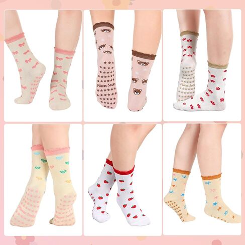 Ramede 6 Pairs Cute Pilates Socks with Grip Ruffle Non Slip Crew Sock for Women Yoga Barre Ballet Dance Workout Hospital Home in Saudi Arabia