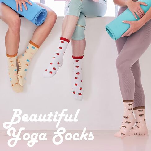 Ramede 6 Pairs Cute Pilates Socks with Grip Ruffle Non Slip Crew Sock for Women Yoga Barre Ballet Dance Workout Hospital Home in Saudi Arabia