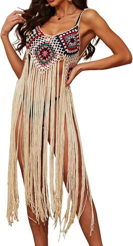 Womens Crochet Hollow Out Swim Tassel Cover Up Bikini Swimwear Knit Mesh Beach Dress Coverup One Size US Size XS-L in Saudi Arabia