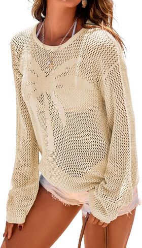 Dokotoo Womens Fashion 2026 Summer Crochet Hollow Out Long Sleeve Sweaters Casual Crewneck Pullover Shirt Beach Coverup in Saudi Arabia