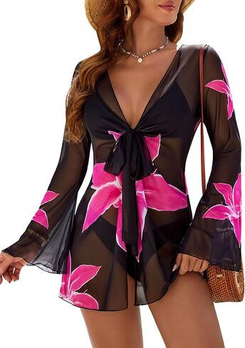 Blooming Jelly Womens Swimsuit Coverup Mesh Bathing Suit Cover Ups Swimwear Floral Long Sleeve Tie Summer Beach Dress in Saudi Arabia