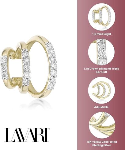 سوار أذن ثلاثي من الألماس 1/6 قيراط من Lavari Jewellers للنساء - غطاء أذن من الفضة الإسترلينية عيار 18 قيراط مطلي بالذهب الأصفر عيار 925 من الفضة الإسترلينية للنساء - مجوهرات مضادة للحساسية - بساطة أنيقة in Saudi Arabia