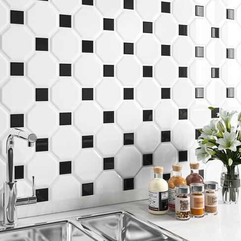 LaCheery 12"x12" Black and White Peel and Stick Backsplash for Bathroom Kitchen Backsplash Tiles Peel and Stick Octagon Peel and Stick Backsplash Tile Waterproof Wall Tiles Sticker Back Splash 4 Tiles in Saudi Arabia