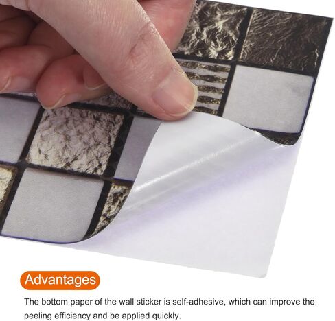 10Pcs 3D Wall Stickers, 10 x 10cm Square Mosaic Tile Wallpaper Self-Adhesive PVC Waterproof for Kitchen Bathroom Wall DIY Crafts Black Gold in Saudi Arabia