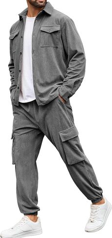 LecGee Men's 2 Piece Corduroy Outfits Long Sleeve Corduroy Shirt Jacket and Corduroy Cargo Pants Fall Winter Tracksuit Set in Saudi Arabia