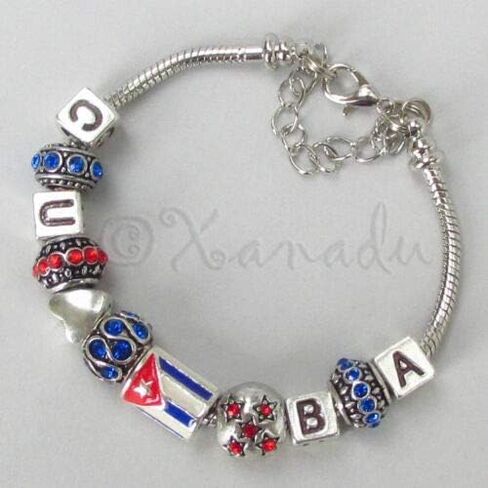 Fits 7" Wrist - Cuba European Charm Bracelet with Cuban Flag and Rhinestone Beads - Charm Crazy in Saudi Arabia