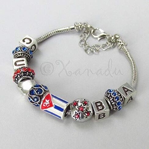 Fits 7" Wrist - Cuba European Charm Bracelet with Cuban Flag and Rhinestone Beads - Charm Crazy in Saudi Arabia