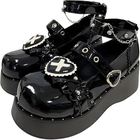 Y2K Grunge Gothic Kawaii Lolita Round Toe Platform Heels White Lace Heart Rivet Decor Mary Jane Shoes in Saudi Arabia