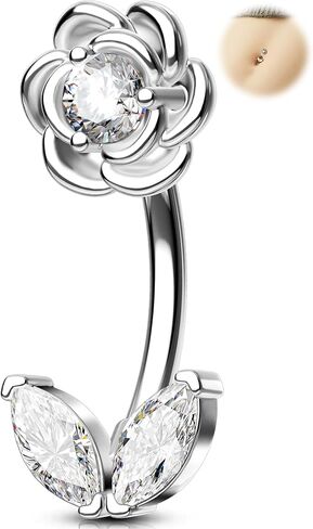 Melighting 14G Flower Belly Button Ring, 316L Surgical Steel Marquise CZ Belly Rings, Gold Navel Piercing Barbell, 10 mm Silver Body Jewellery for Women in Saudi Arabia