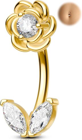 Melighting 14G Flower Belly Button Ring, 316L Surgical Steel Marquise CZ Belly Rings, Gold Navel Piercing Barbell, 10 mm Silver Body Jewellery for Women in Saudi Arabia