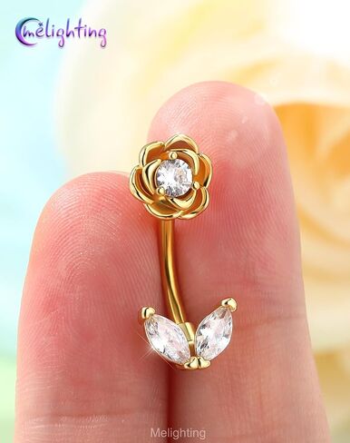 Melighting 14G Flower Belly Button Ring, 316L Surgical Steel Marquise CZ Belly Rings, Gold Navel Piercing Barbell, 10 mm Silver Body Jewellery for Women in Saudi Arabia