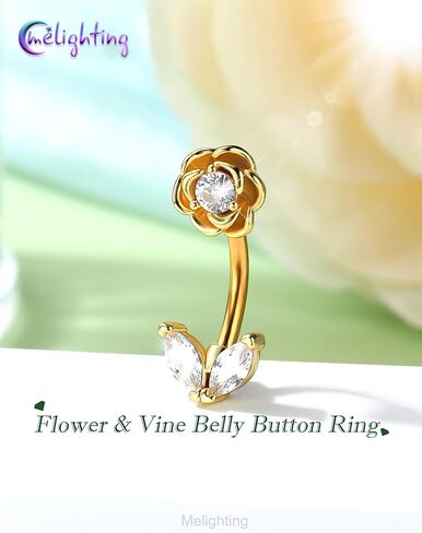 Melighting 14G Flower Belly Button Ring, 316L Surgical Steel Marquise CZ Belly Rings, Gold Navel Piercing Barbell, 10 mm Silver Body Jewellery for Women in Saudi Arabia