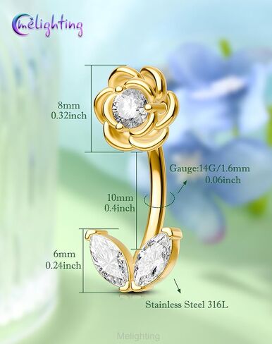 Melighting 14G Flower Belly Button Ring, 316L Surgical Steel Marquise CZ Belly Rings, Gold Navel Piercing Barbell, 10 mm Silver Body Jewellery for Women in Saudi Arabia