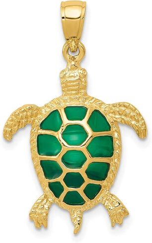 14k Yellow Gold, Green Enameled Sea Turtle Charm Pendant - Polished and Textured Turtle Jewelry for Women and Men - Ocean Jewelry Gold Pendant in Saudi Arabia