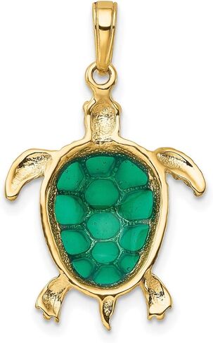 14k Yellow Gold, Green Enameled Sea Turtle Charm Pendant - Polished and Textured Turtle Jewelry for Women and Men - Ocean Jewelry Gold Pendant in Saudi Arabia