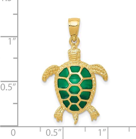 14k Yellow Gold, Green Enameled Sea Turtle Charm Pendant - Polished and Textured Turtle Jewelry for Women and Men - Ocean Jewelry Gold Pendant in Saudi Arabia
