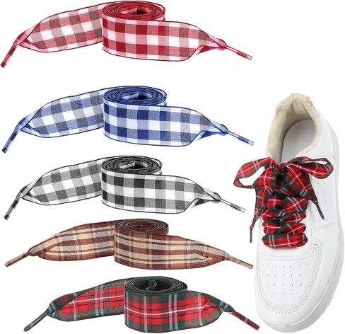5 Pairs Ribbon Shoe Laces Cute Gingham Colorful Flat Satin Checkered Soft Silk Snow Yarn Shoestrings Wide Plaid Ties Shoelaces for Women Sports Sneakers Shoes in Saudi Arabia