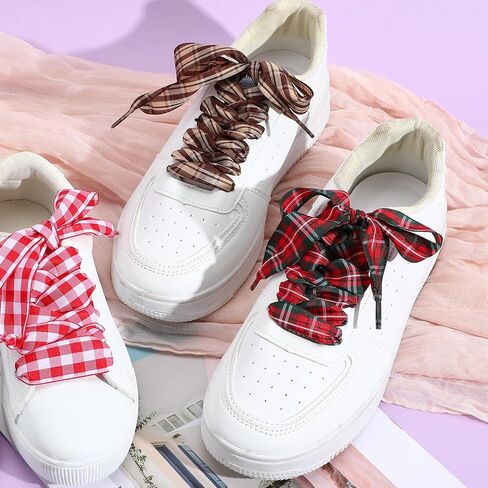 5 Pairs Ribbon Shoe Laces Cute Gingham Colorful Flat Satin Checkered Soft Silk Snow Yarn Shoestrings Wide Plaid Ties Shoelaces for Women Sports Sneakers Shoes in Saudi Arabia