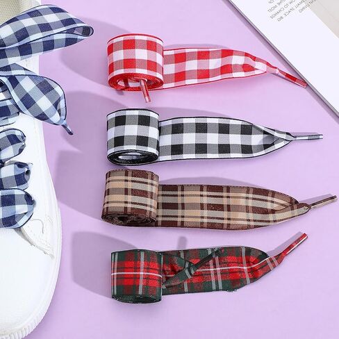 5 Pairs Ribbon Shoe Laces Cute Gingham Colorful Flat Satin Checkered Soft Silk Snow Yarn Shoestrings Wide Plaid Ties Shoelaces for Women Sports Sneakers Shoes in Saudi Arabia