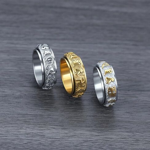 خاتم سحر محظوظ للبوذية التبتية للرجال، مصنوع من الفولاذ المقاوم للصدأ Om Mani Padme Hum Fidget Anxiety Spinner Ring تخفيف التوتر والصلاة الدينية مجوهرات مقدسة مقاس 8-12 in Kuwait