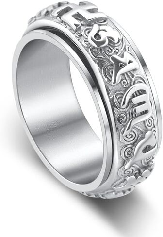 خاتم سحر محظوظ للبوذية التبتية للرجال، مصنوع من الفولاذ المقاوم للصدأ Om Mani Padme Hum Fidget Anxiety Spinner Ring تخفيف التوتر والصلاة الدينية مجوهرات مقدسة مقاس 8-12 in Kuwait