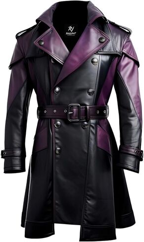 Men’s Two-Tone Real Leather Trench Coat | Black & Purple Long Belted Jacket with Notch Lapel Collar, Gothic Streetwear in Saudi Arabia