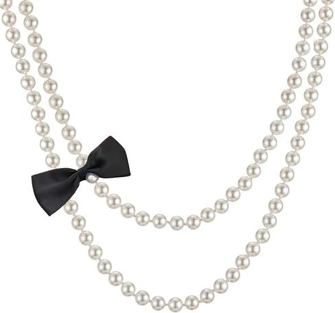 Long Pearl Necklace for Women 59" Faux White Pearls Necklaces Black Bow Pearl Beads Necklace 1920s Statement Bride Wedding Jewelry Gifts in Saudi Arabia