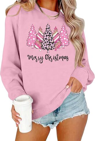 Christmas Sweatshirt for Women Merry Christmas Shirt Xmas Tree Long Sleeve Vacation Pullover Christian Tops Beige in Saudi Arabia